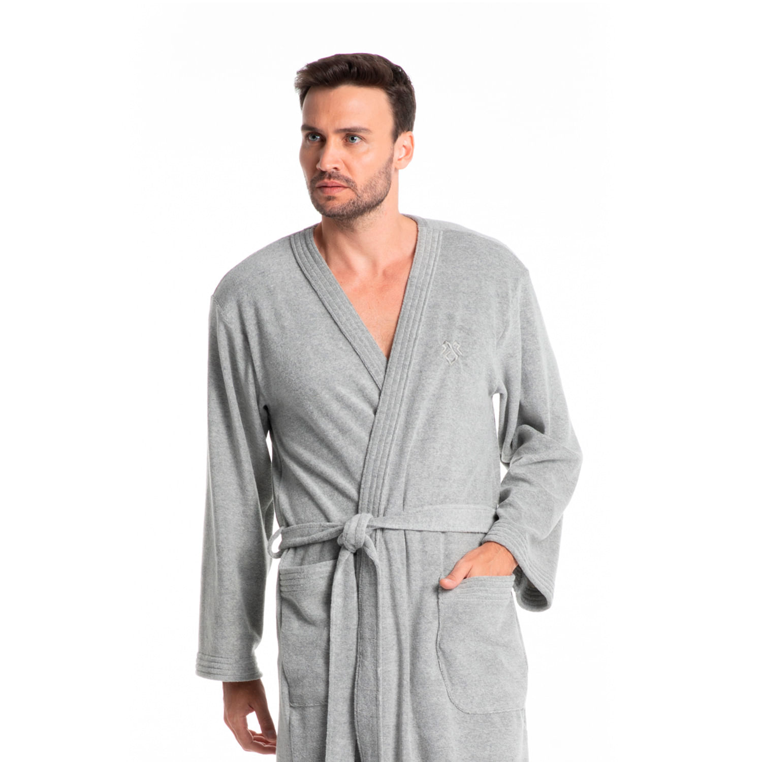 Robe Masculino Curto Em Atoalhado Adriano Cinza - Imagem 1