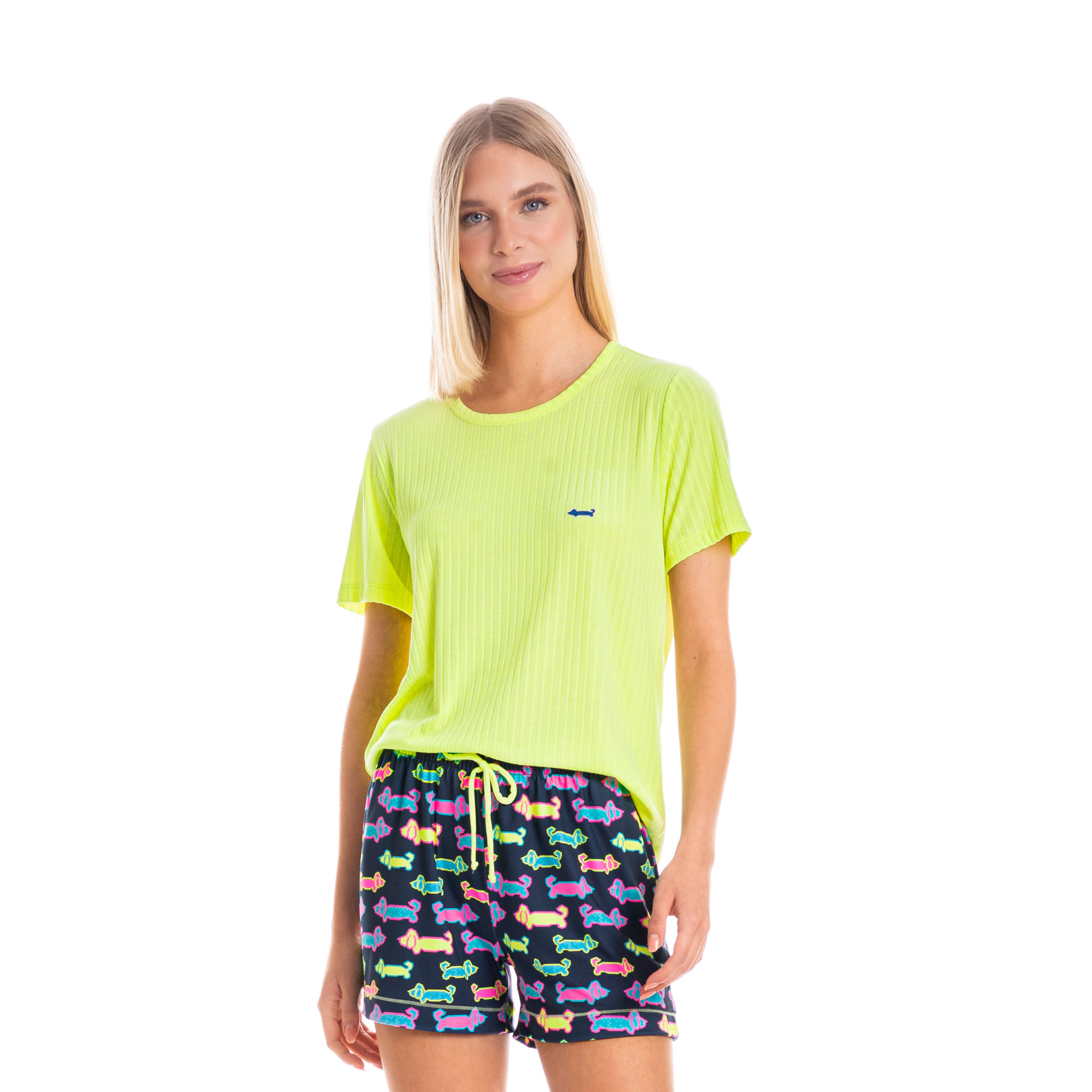 Pijama Feminino Curto Neon Pixel Azul-marinho - Imagem 1