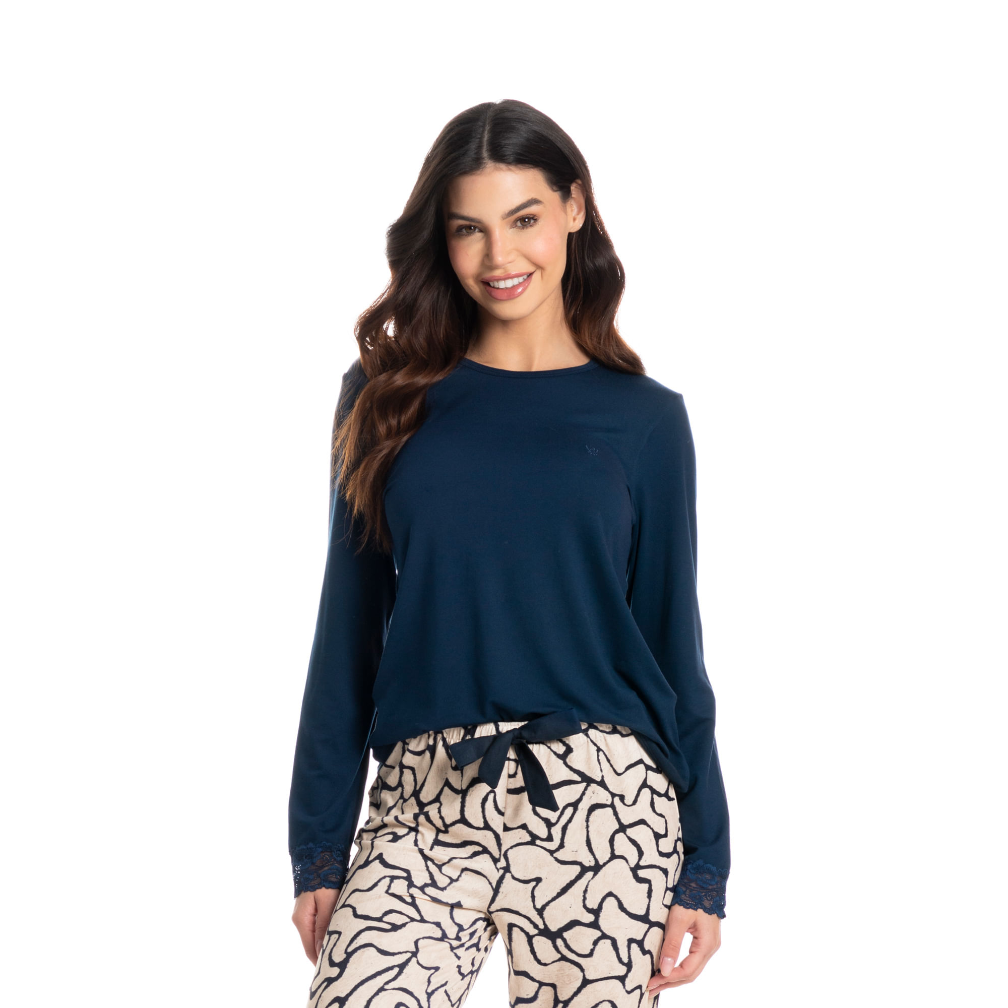 Pijama Feminino Longo Eduarda Azul-marinho - Imagem 1