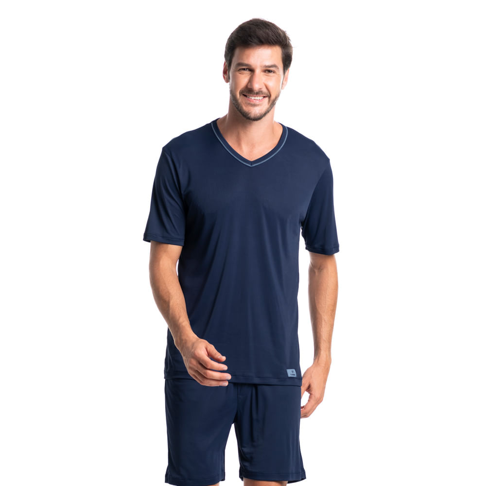 Pijama Masculino Curto Decote Viés Rafael Tombini Azul-marinho - Imagem 1