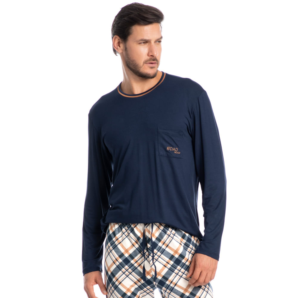 Pijama Masculino Longo Chess Tombini Azul-marinho - Imagem 1