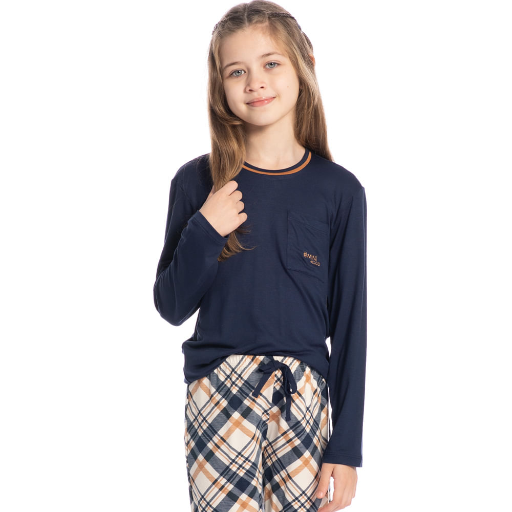 Pijama Unissex Infantil Curto Chess Tombini Azul-marinho - Imagem 1