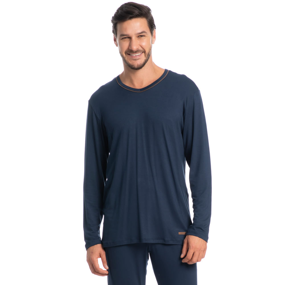 Pijama Masculino Decote V Longo New Romeu Tombini Azul-marinho - Imagem 1