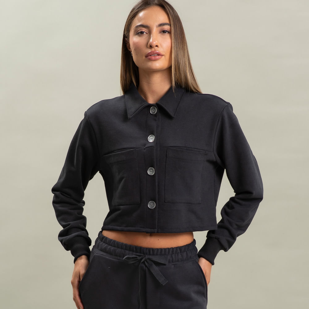 Camisa Feminina Em Moletom Abotoada Cropped Arianna Vivame Preto - Imagem 1
