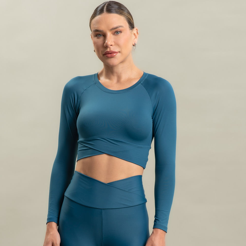 Blusa Feminina Crop Light Manga Longa Wrap Vivame Azul-marinho - Imagem 1