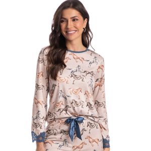 Pijama Feminino Longo Com Renda Clara Cavalos