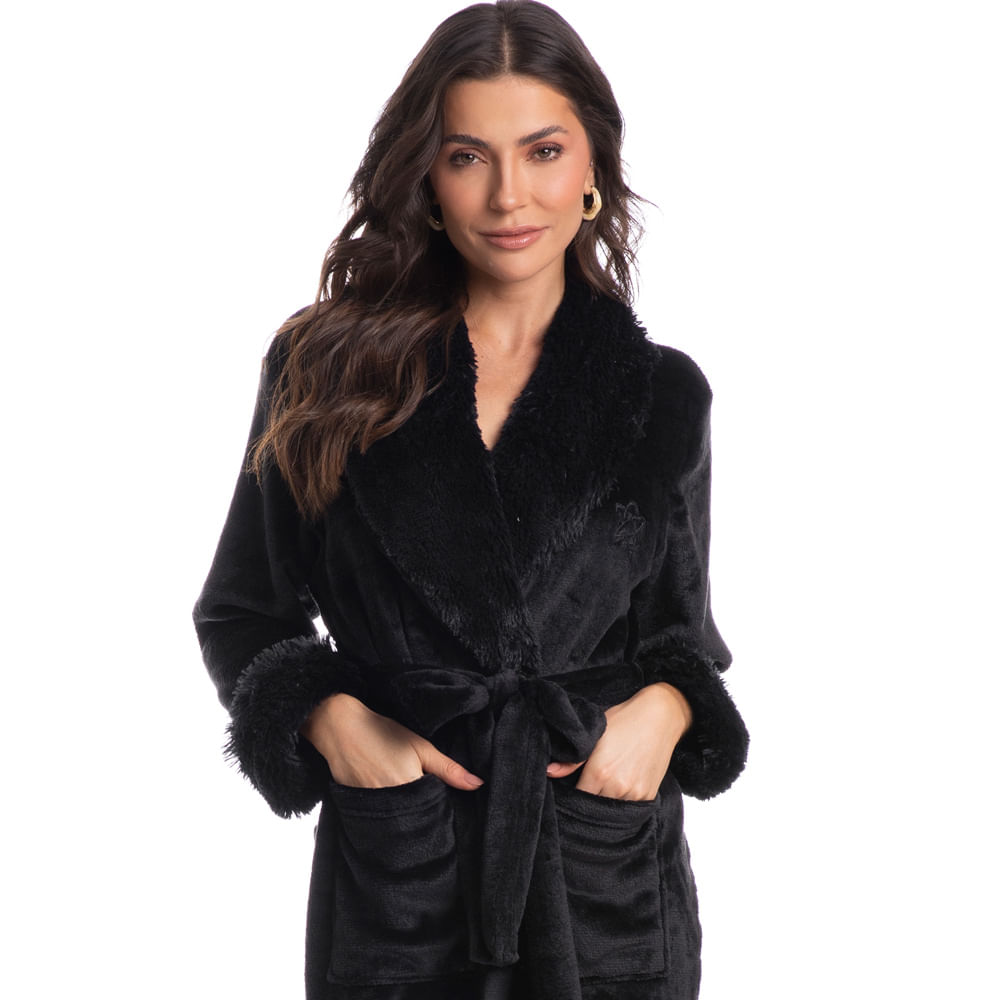 Robe Feminino Longo Em Fleece Com Pelo Gigi Preto - Imagem 1