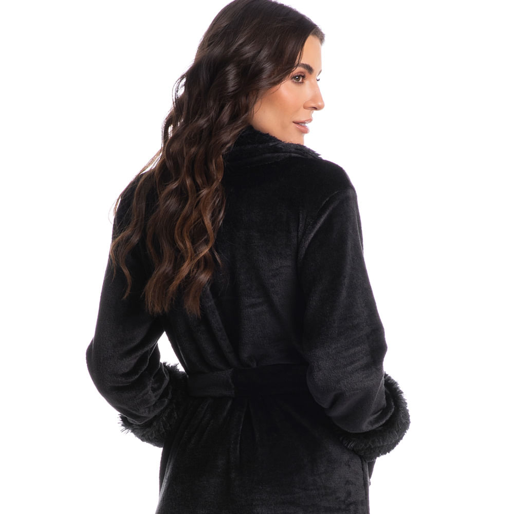 Robe Feminino Longo Em Fleece Com Pelo Gigi Preto - Imagem 2