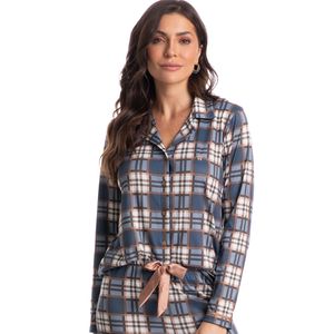 Pijama Feminino Abotoado Longo Xadrez Detalhe Cetim Laura