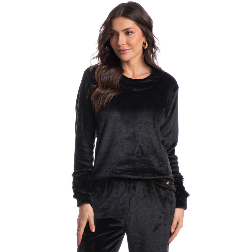 Pijama Feminino Longo Em Fleece Gigi Preto - Imagem 1