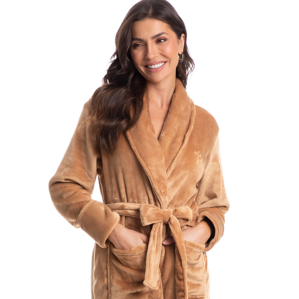 Robe Em Fleece Longo Pétala Bege - Imagem 1