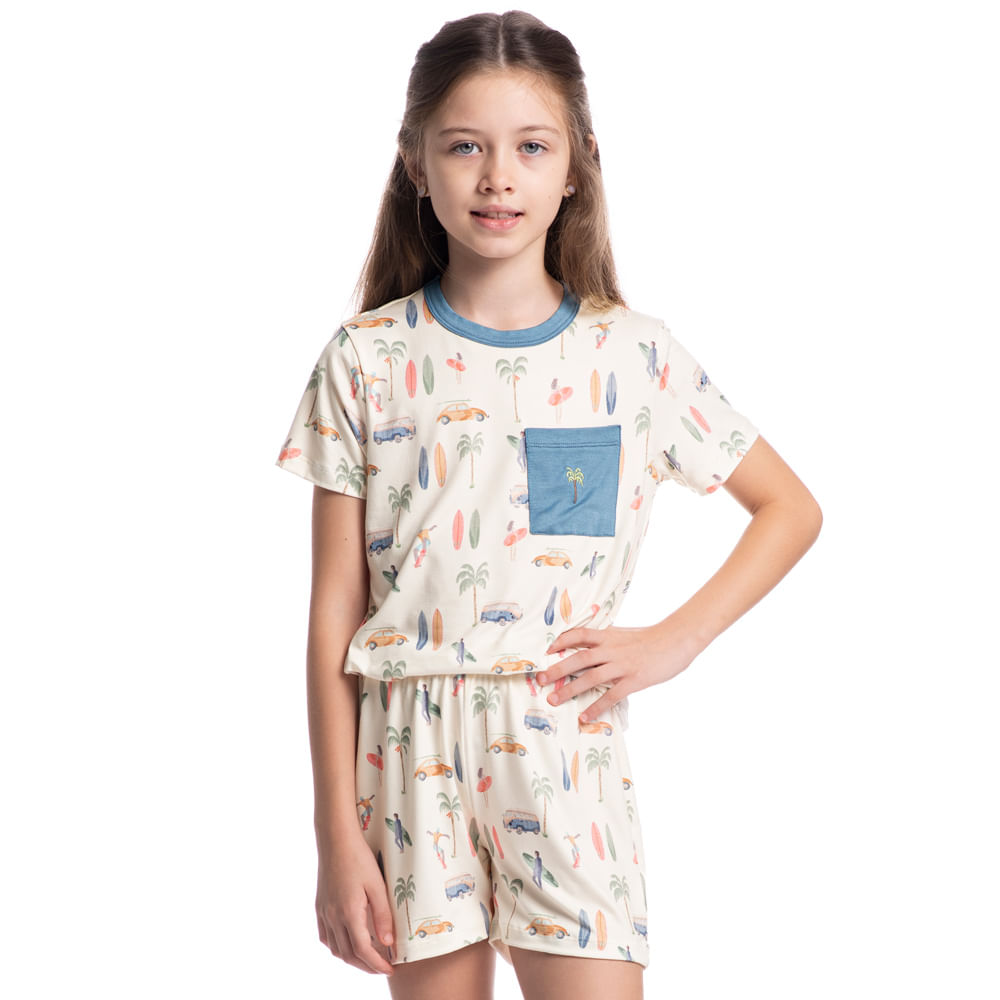 Pijama Unissex Curto Com Bolso Infantil Surf Azul-2 - Imagem 1