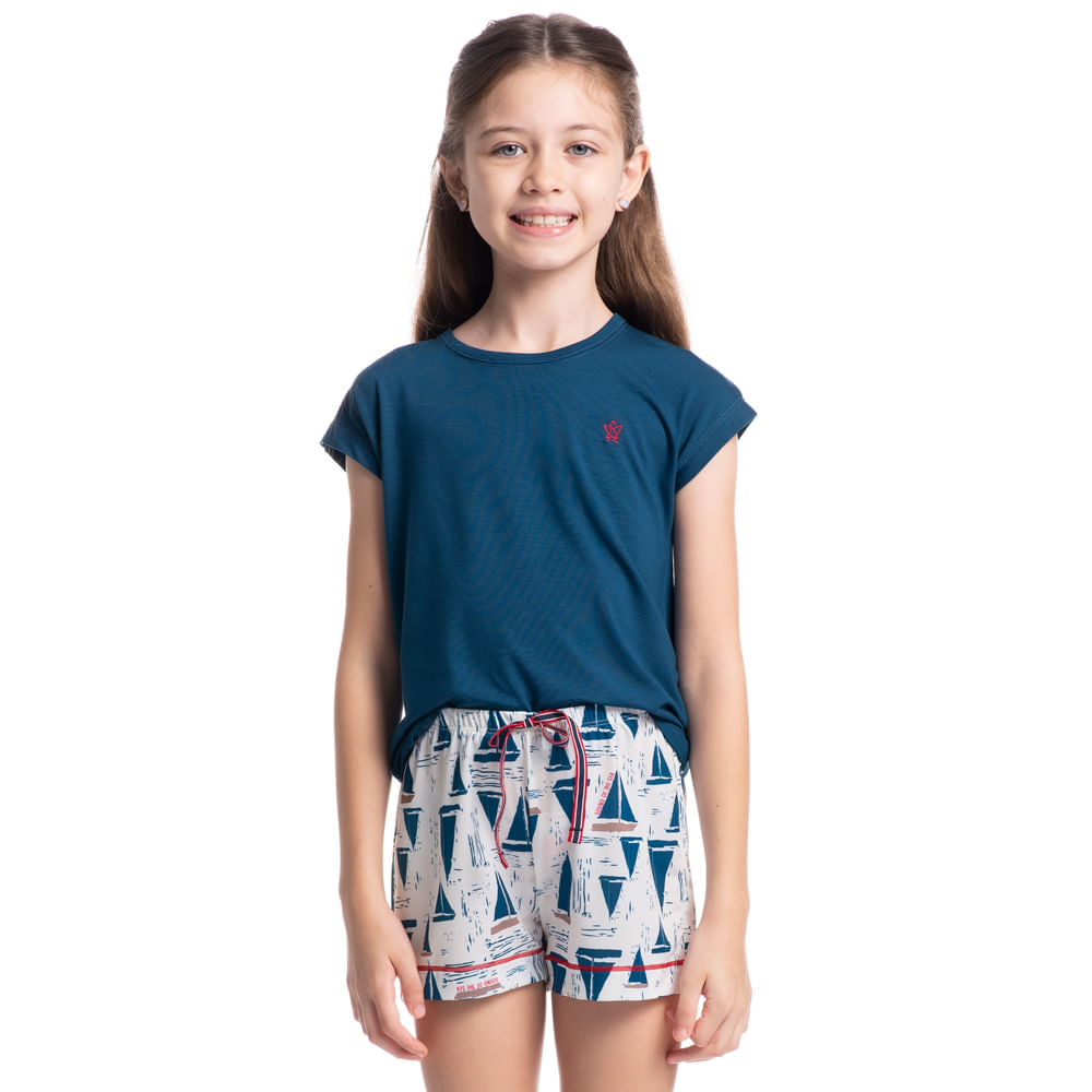 Pijama Feminino Infantil Curto Summer Azul-marinho - Imagem 1