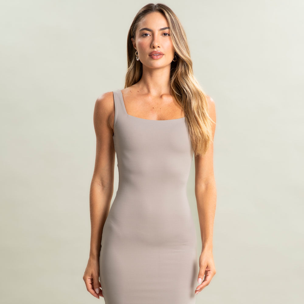 Vestido Midi Squareneck Contour Vivame Bege - Imagem 1
