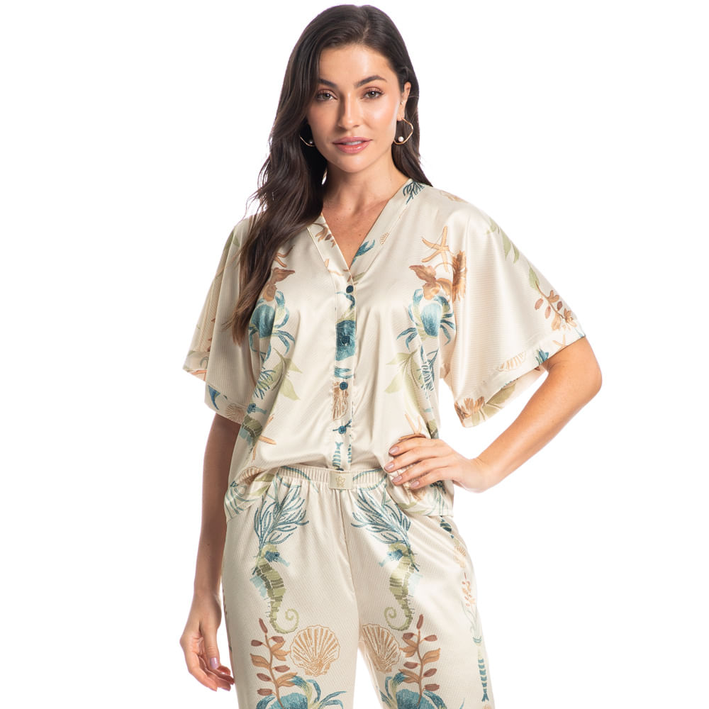 Pijama Feminino Longo Abotoado Em Cetim Alana Azul-2 - Imagem 1