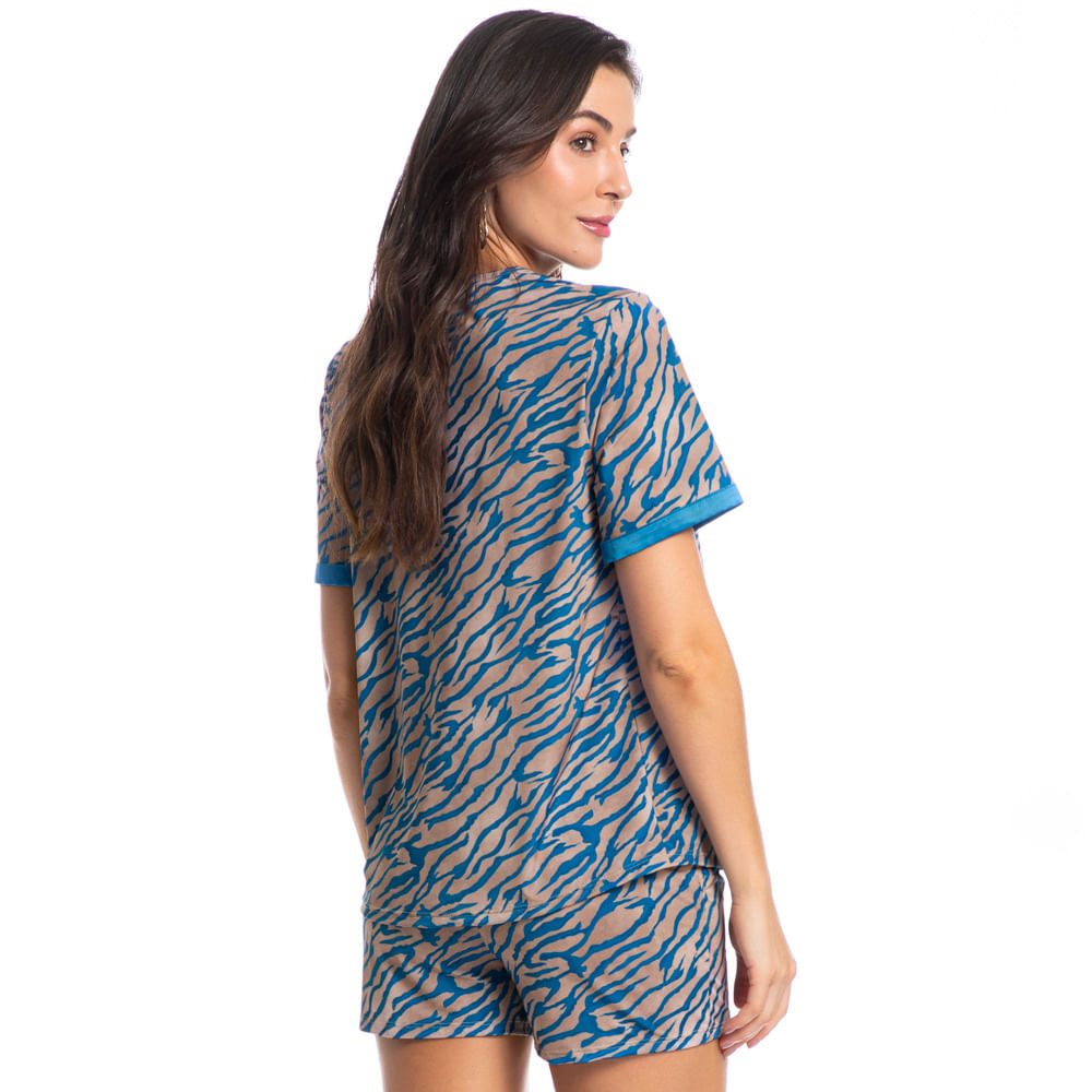 Pijama Feminino Curto Abotoado Luna Zebra Azul-2 - Imagem 2