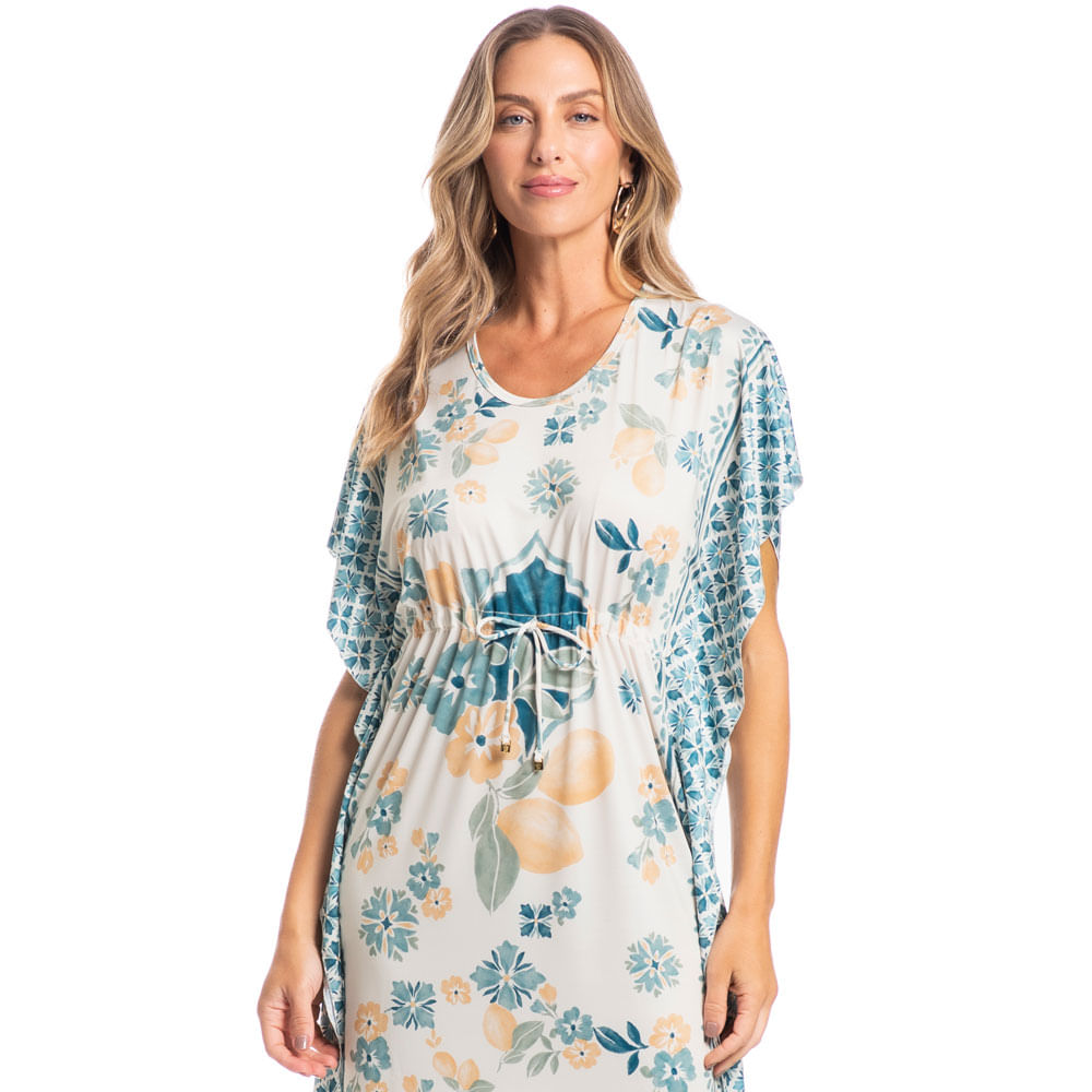 Kaftan Midi Lenço Regina Limões Azul - Imagem 1