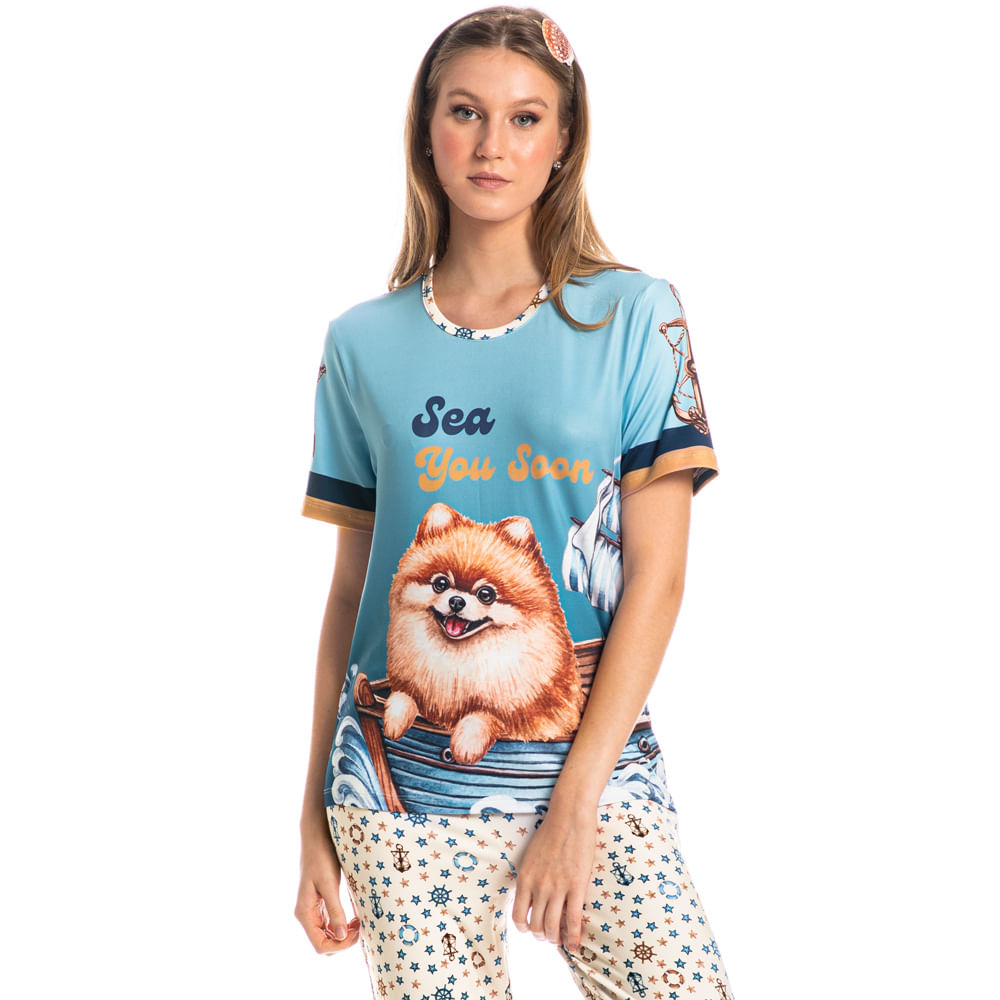 Pijama Feminino Longo Manga Curta Nautical Azul-marinho - Imagem 1