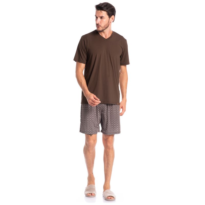 Pijama-Masculino-Curto-Estampado-Marrom-Vitorio-Tombini-