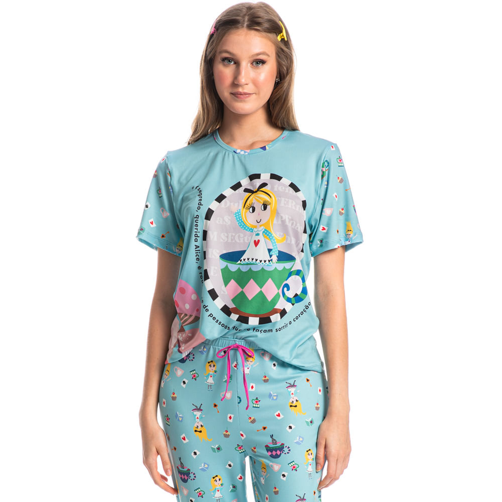 Pijama Feminino Longo Manga Curta Marlowa Azul-2 - Imagem 1