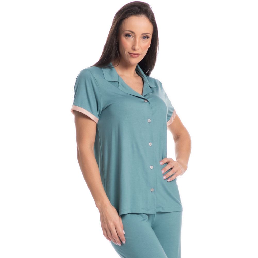Pijama Feminino Abotoado Wide Leg Bruna Verde - Imagem 1