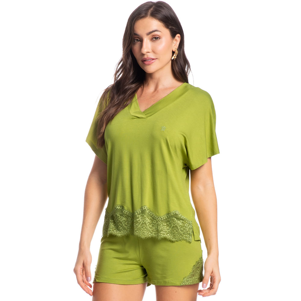 Pijama Feminino Curto Com Renda Rose Verde - Imagem 1
