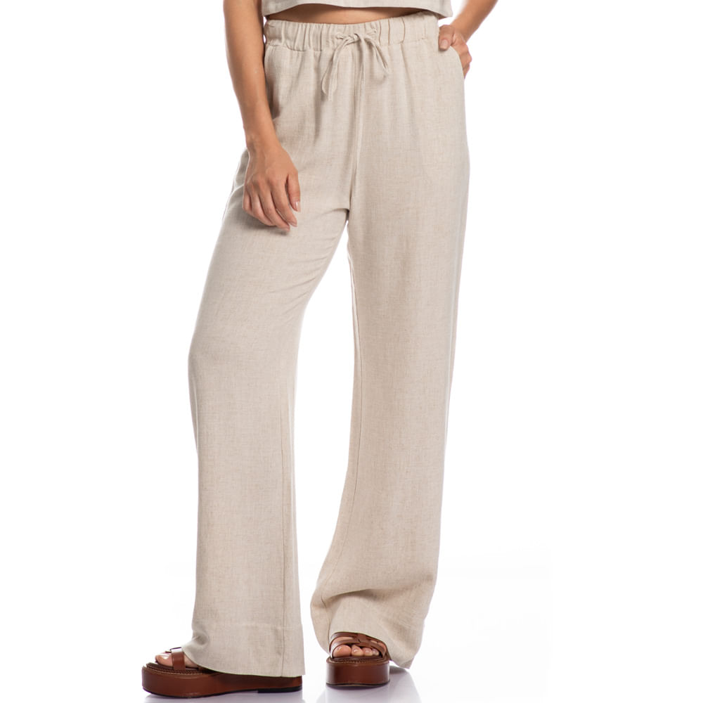 Calça Feminina Ampla Em Linho Soft Belize Bege - Imagem 1