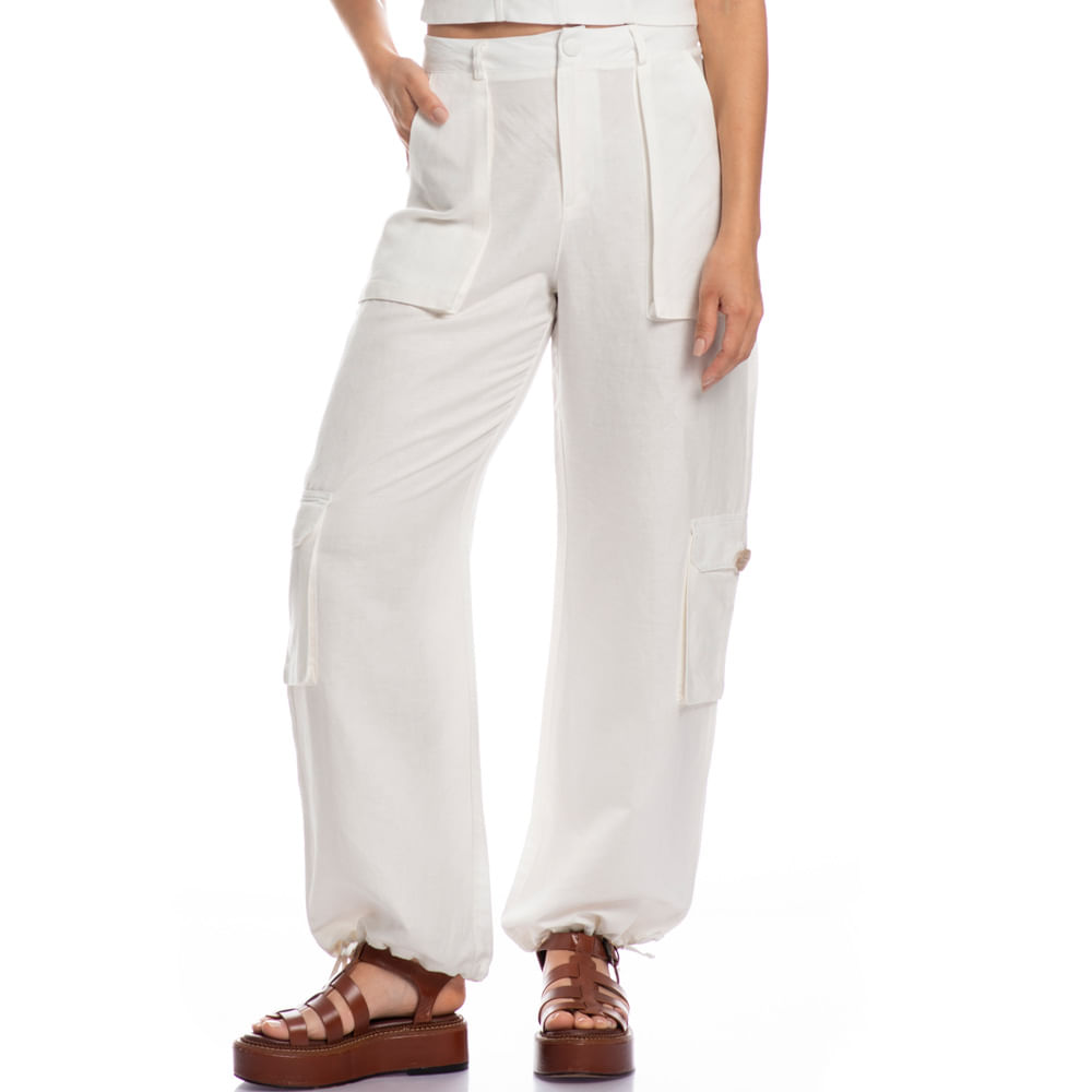 Calça Feminina Cargo Com Bolso Linho Noronha Branco - Imagem 1
