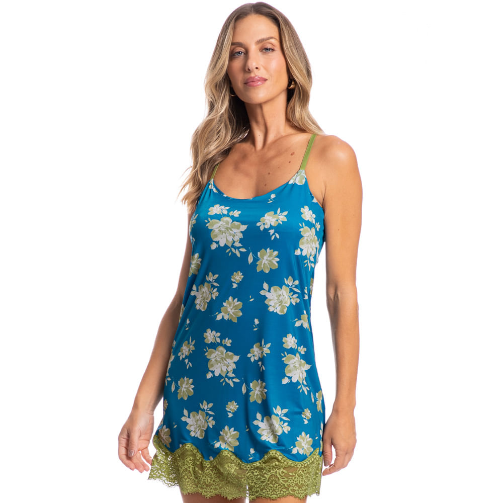 Camisola Curta Com Renda Camila Floral Azul Azul-2 - Imagem 1