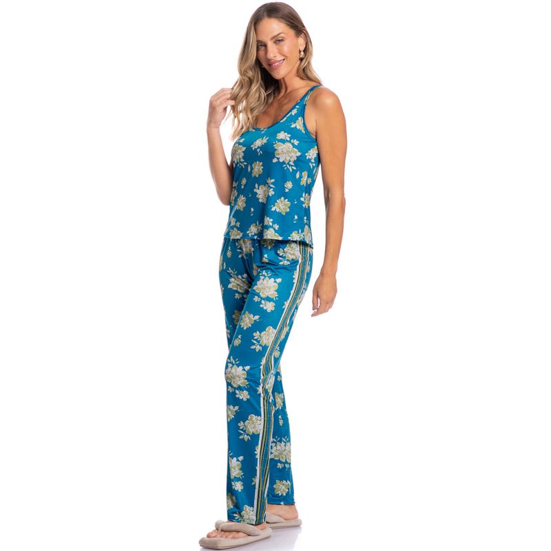 Pijama-Feminino-Longo-Camila-Floral-Azul