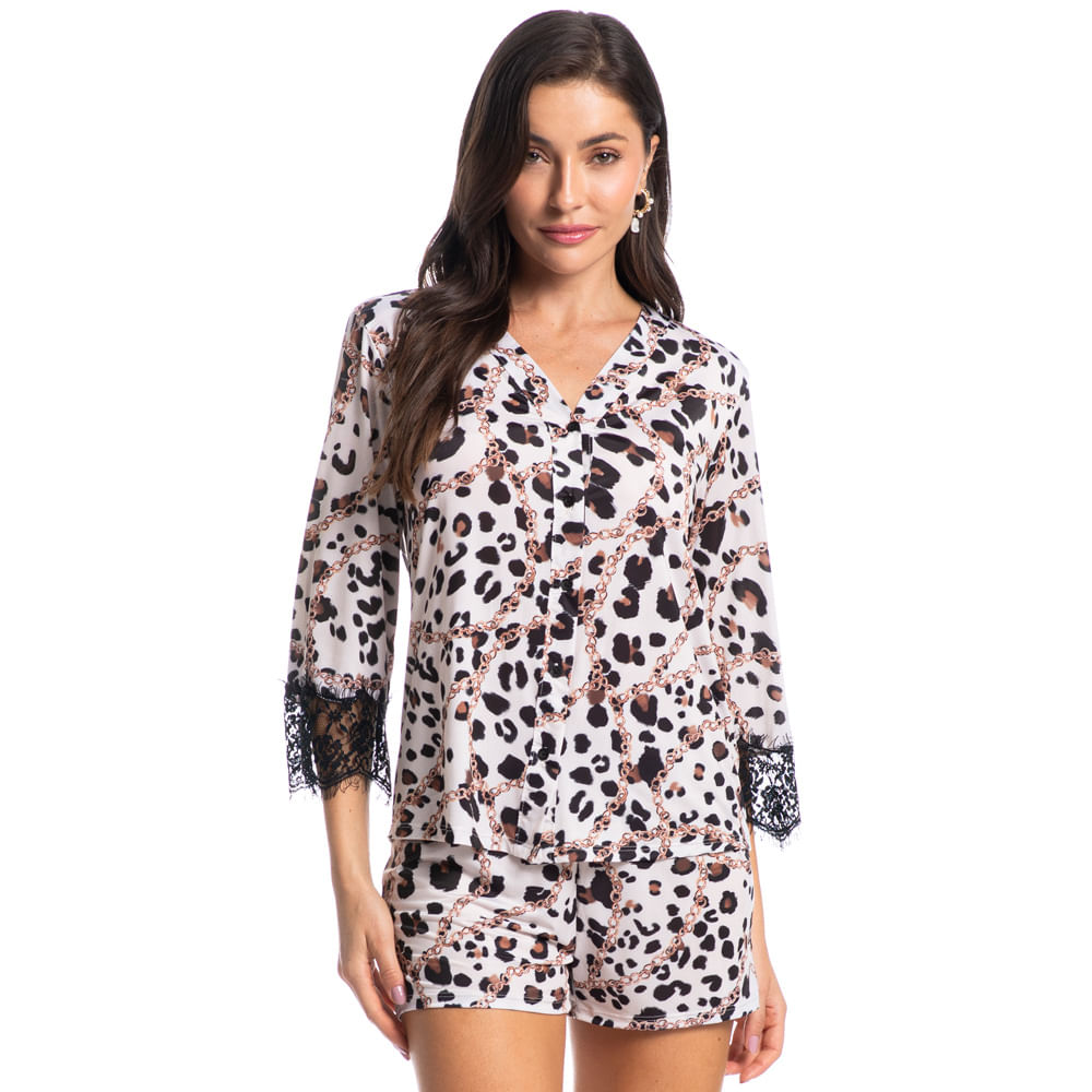 Pijama Feminino Curto Abotoado Carla Preto - Imagem 1