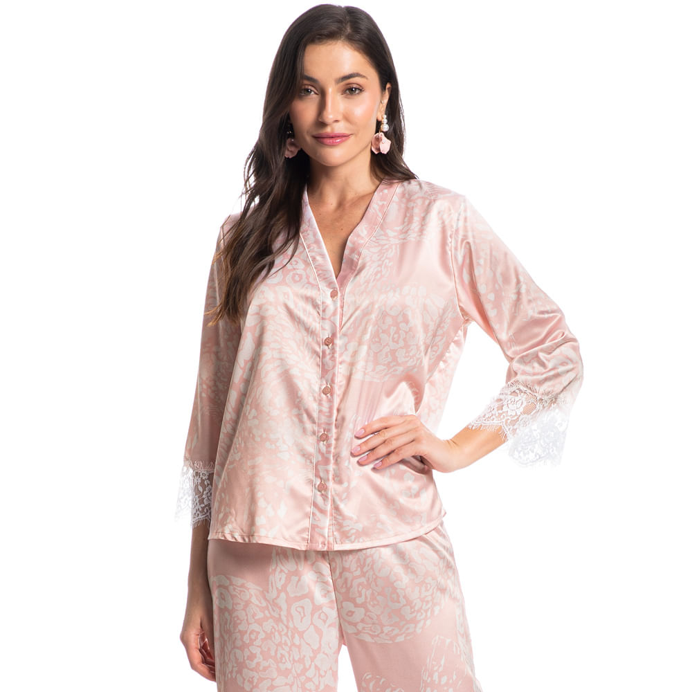 Pijama Feminino Longo Abotoado Com Renda Lari Rosa-3 - Imagem 1