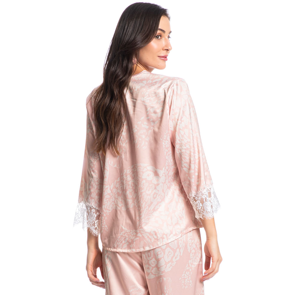 Pijama Feminino Longo Abotoado Com Renda Lari Rosa-3 - Imagem 2