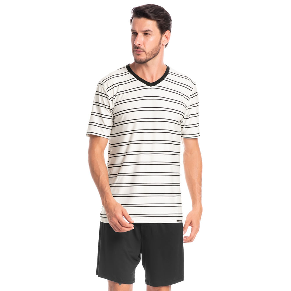 Pijama Masculino Curto Listrado José Tombini Preto - Imagem 1