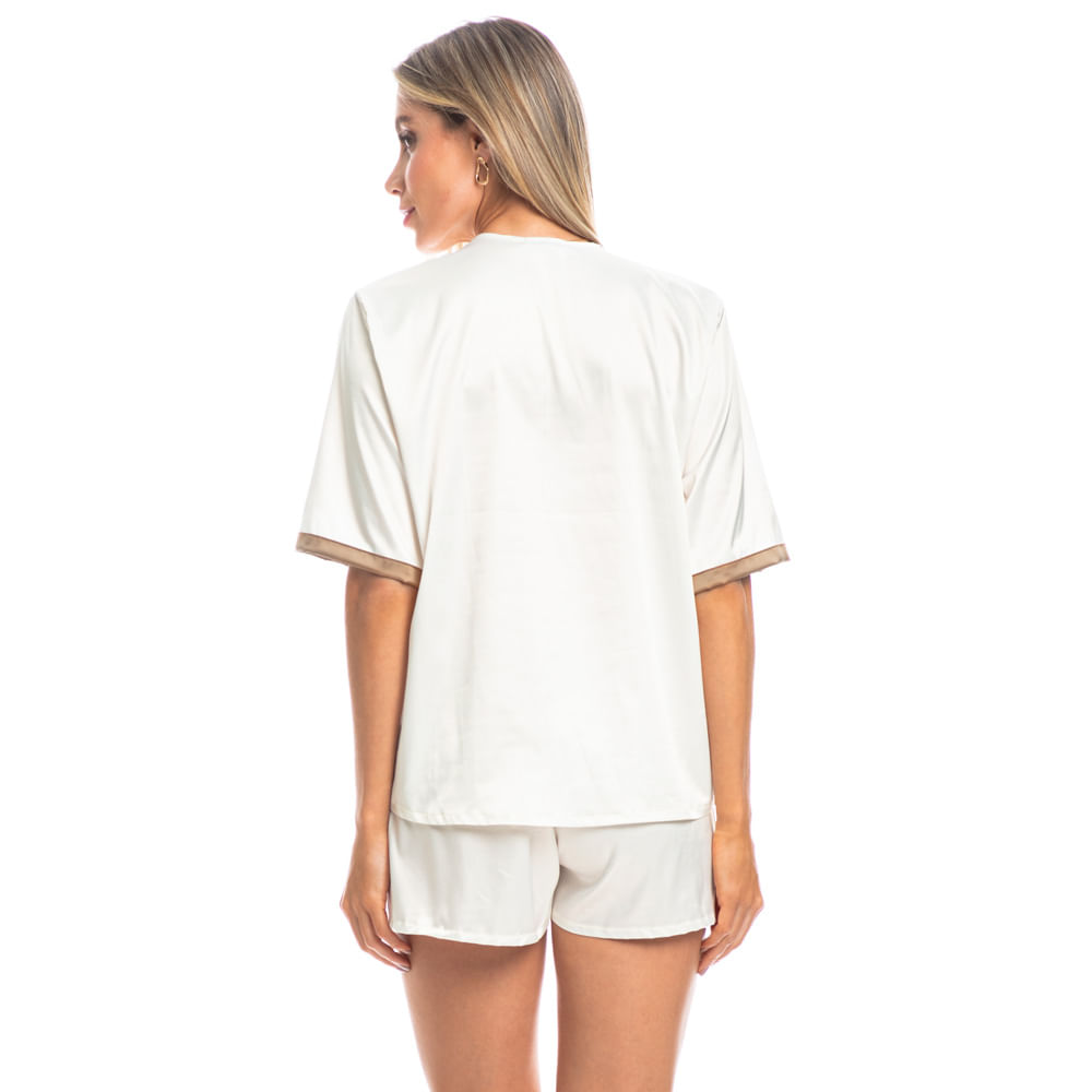 Pijama Feminino Curto Abotoado Em Cetim Érica Branco - Imagem 2