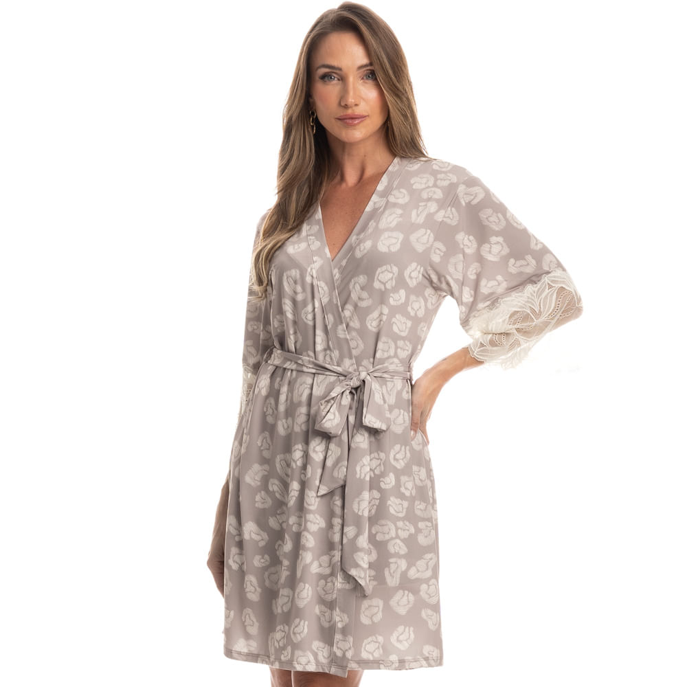 Robe Feminino Curto Com Renda Felina Bege - Imagem 1