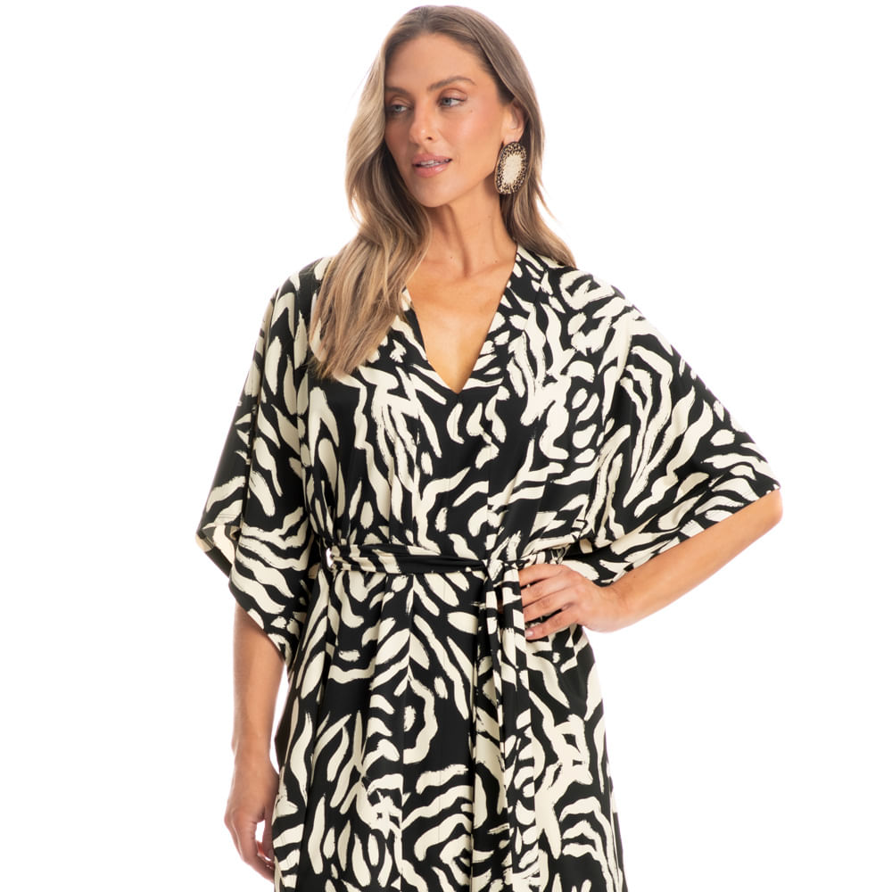 Kaftan Longo Com Faixa De Amarração Pantanal Preto - Imagem 1