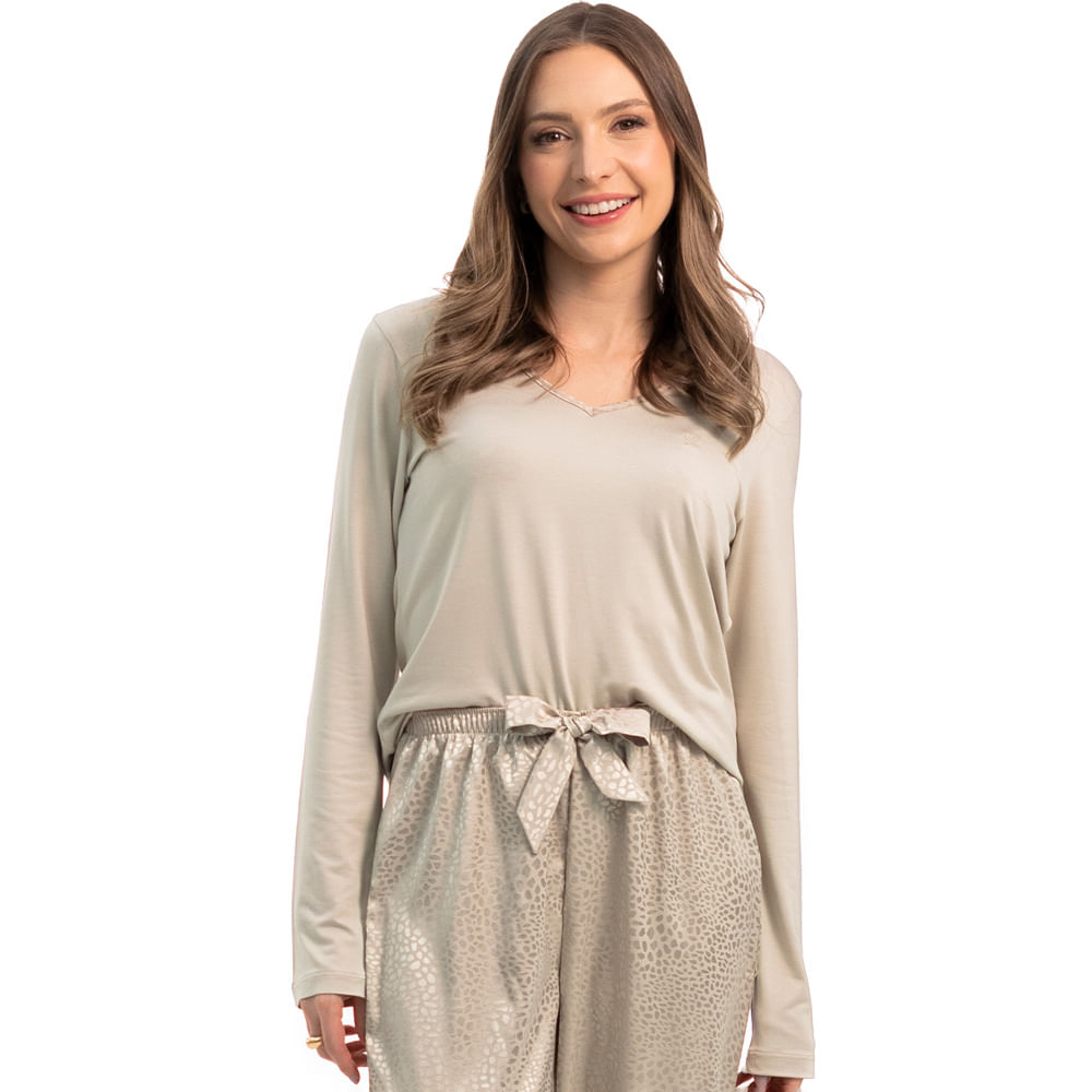Pijama Feminino Longo Orvalho Bege - Imagem 1