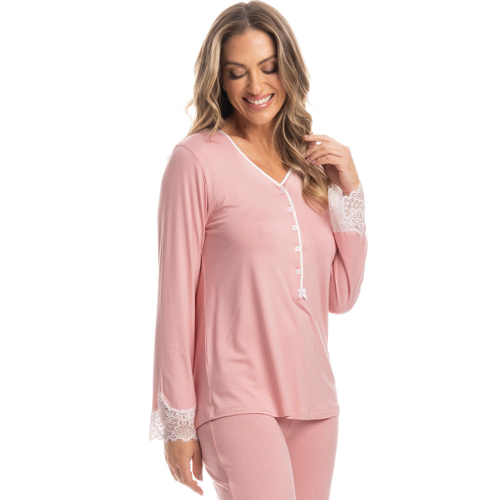 Pijama Feminino Wide Leg Com Abertura Maju Rosa-3 - Imagem 1
