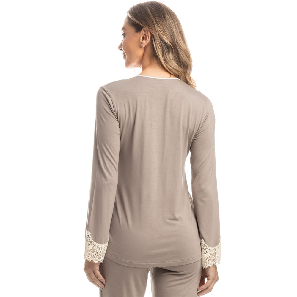 Pijama Feminino Wide Leg Com Abertura Maju Bege - Imagem 2
