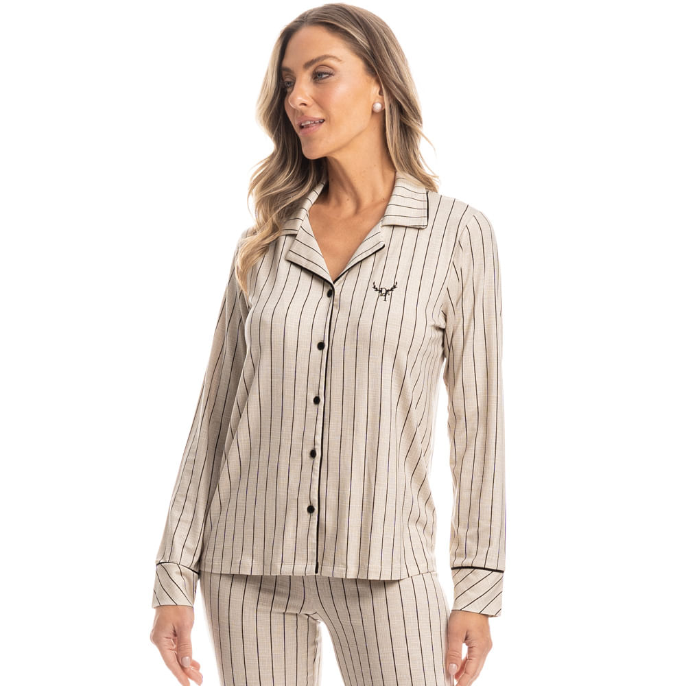 Pijama Feminino Longo Americano Conexão Preto - Imagem 1
