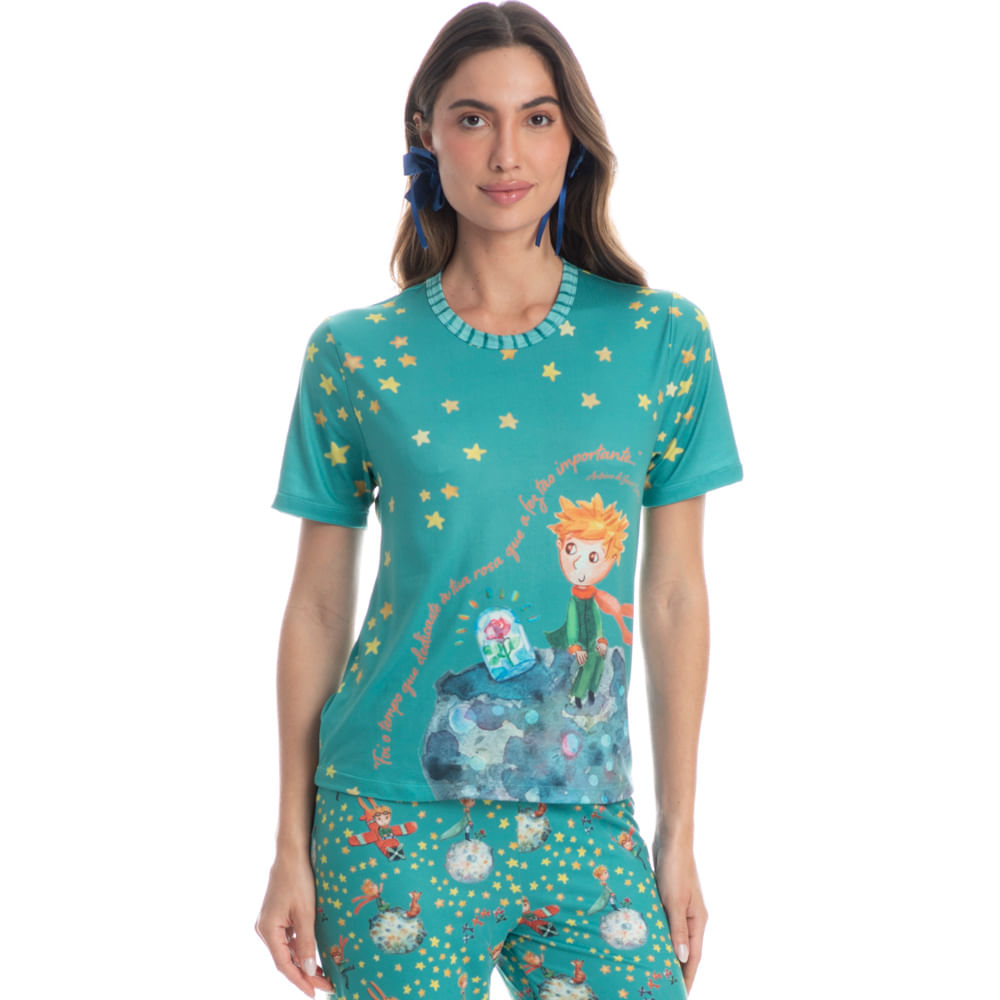 Pijama Feminino Longo Manga Curta Pequeno Príncipe Azul-2 - Imagem 1