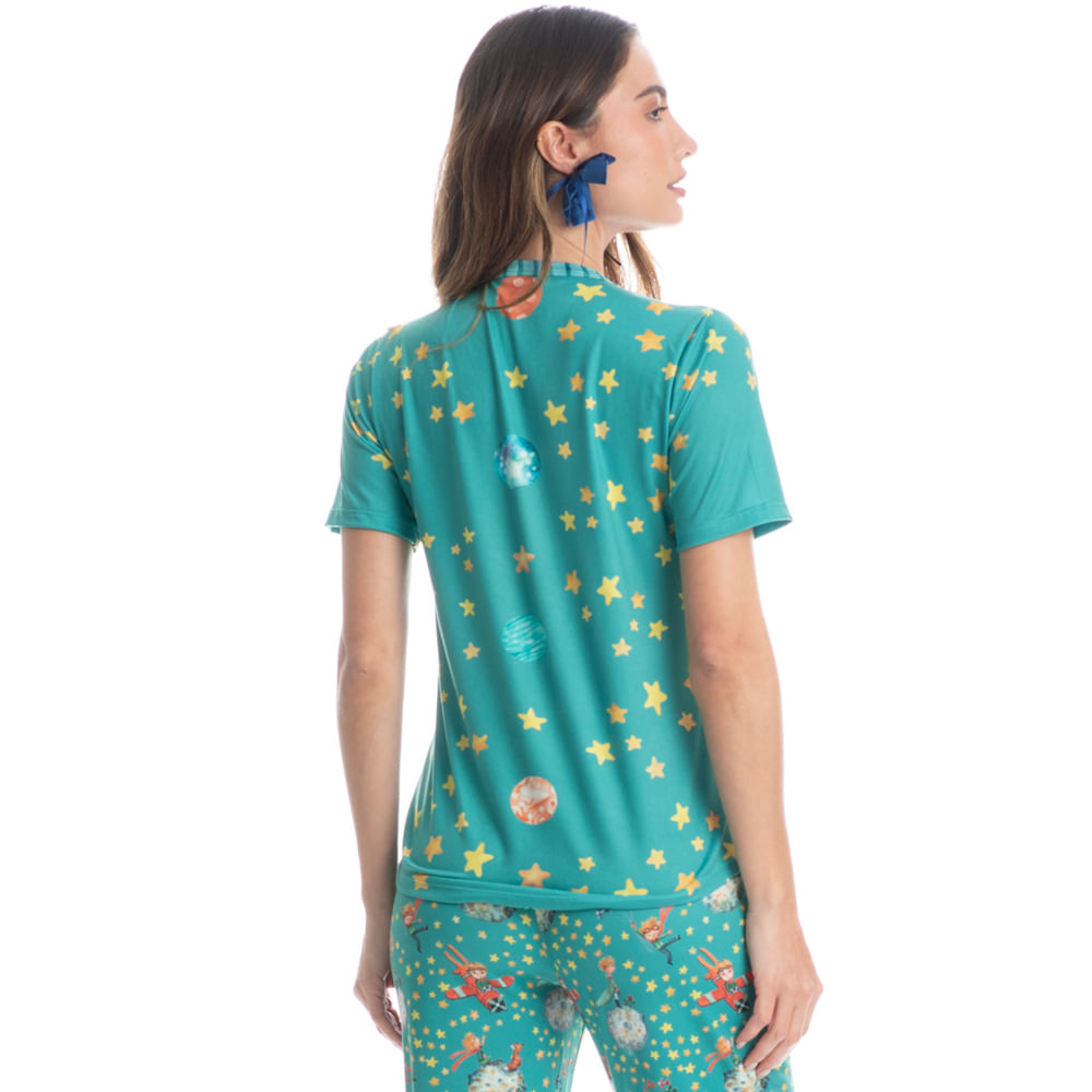 Pijama Feminino Longo Manga Curta Pequeno Príncipe Azul-2 - Imagem 2