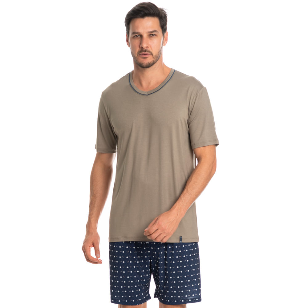 Pijama Masculino Curto Golfe Tombini Bege - Imagem 1