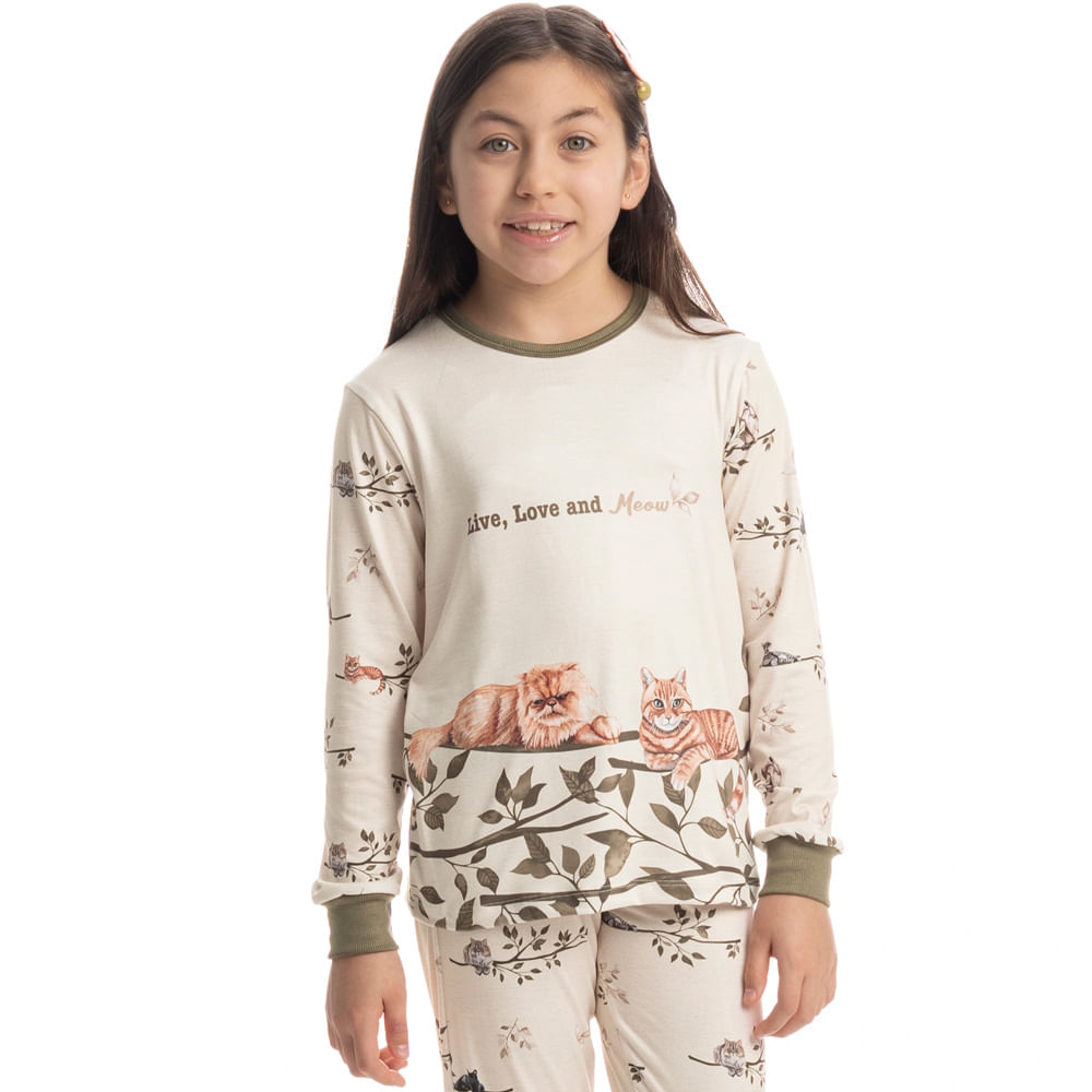 Pijama Infantil Unissex Longo Cats Winter Friends Verde - Imagem 1