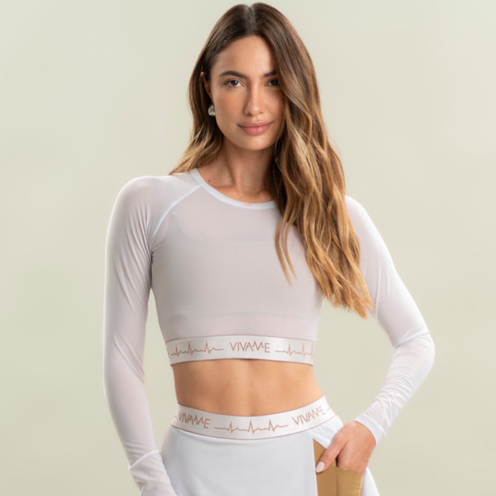 Blusa Crop Tule Duplo Com Elástico Camel Vivame Branco - Imagem 1