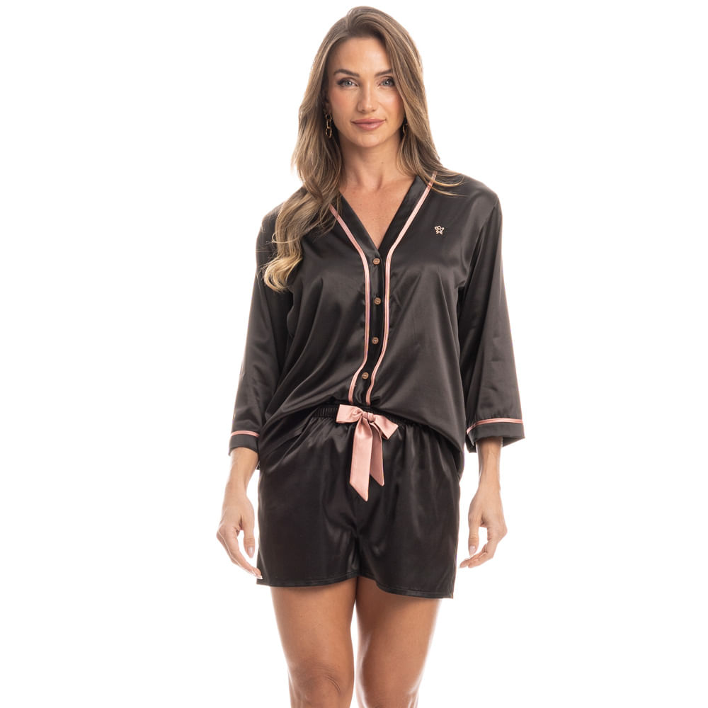 Pijama Feminino Curto Americano Cortiça Preto - Imagem 1