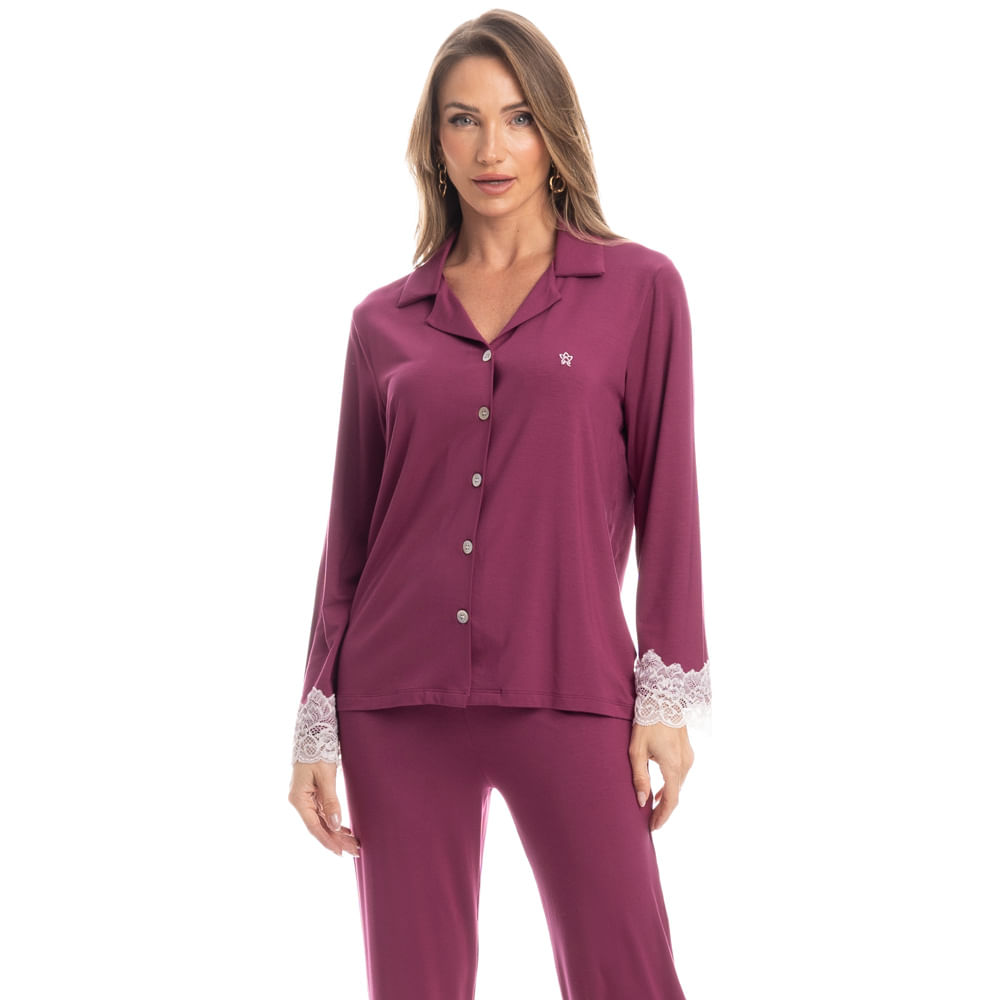 Pijama Feminino Longo Americano Acácia Rosa - Imagem 1