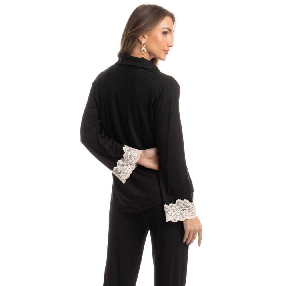 Pijama Feminino Longo Americano Acácia Preto - Imagem 2