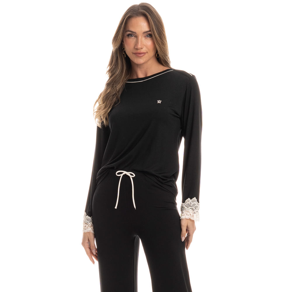 Pijama Feminino Longo Acácia Preto - Imagem 1